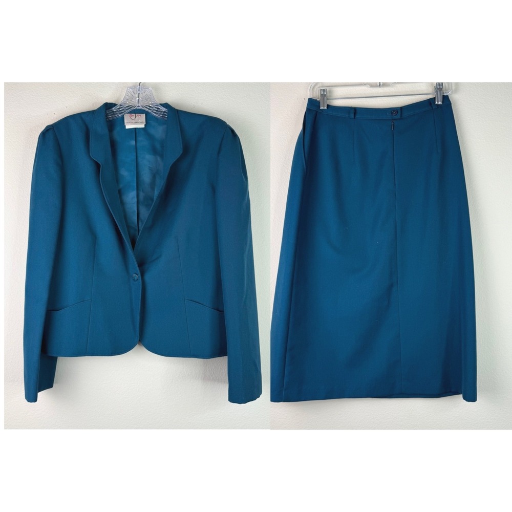 Vintage Tan Jay Skirt Suit Womens Teal Vintage 2 Piece Blazer Midi Skirt Set